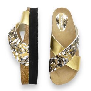 Desigual Gold Metallic and Black Printed Cross-Strap Platform Sandals
